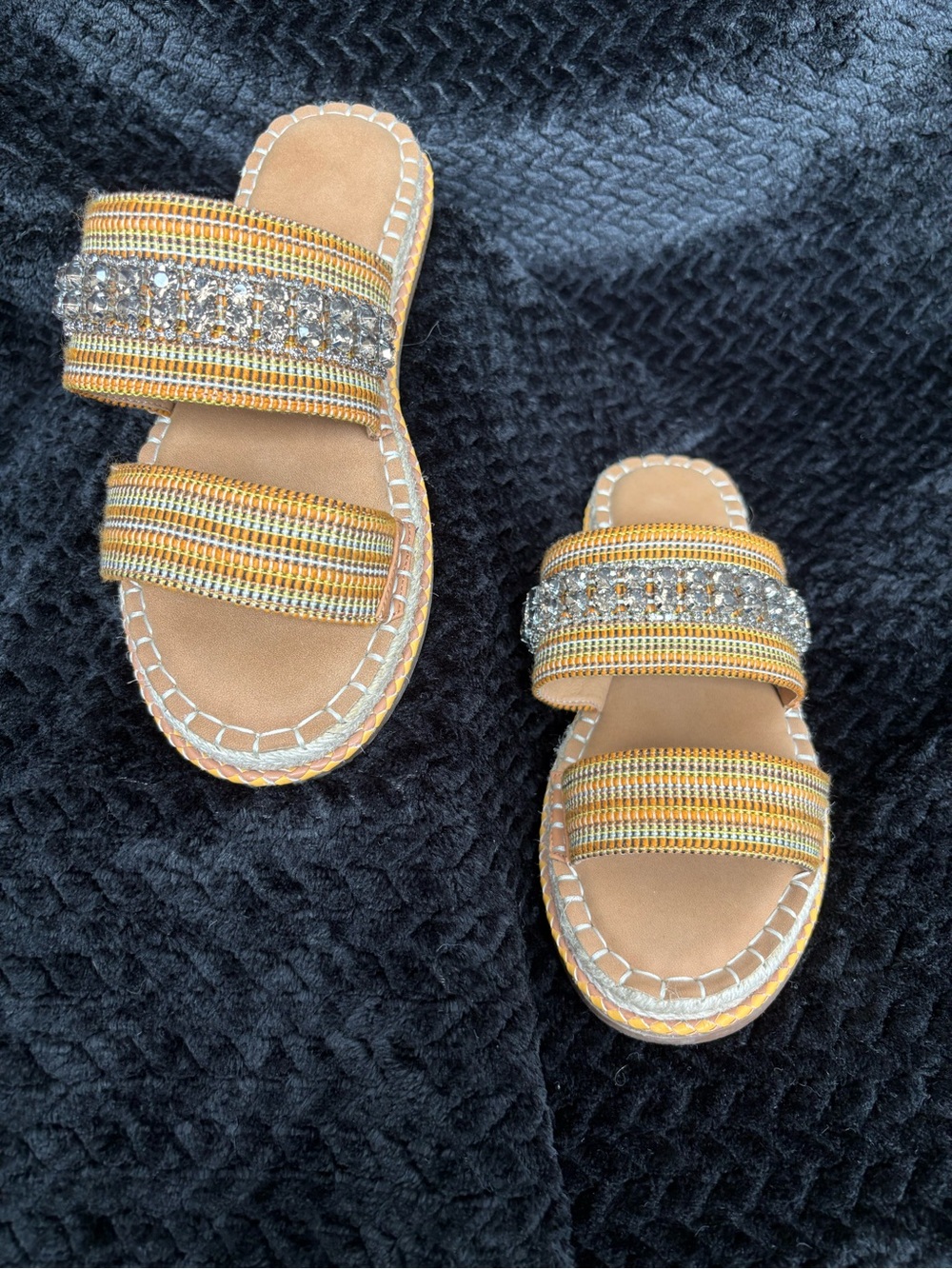 Crown Vintage Women’s Yellow Gold-Tan Double Strap Rhinestone Slide Sandals